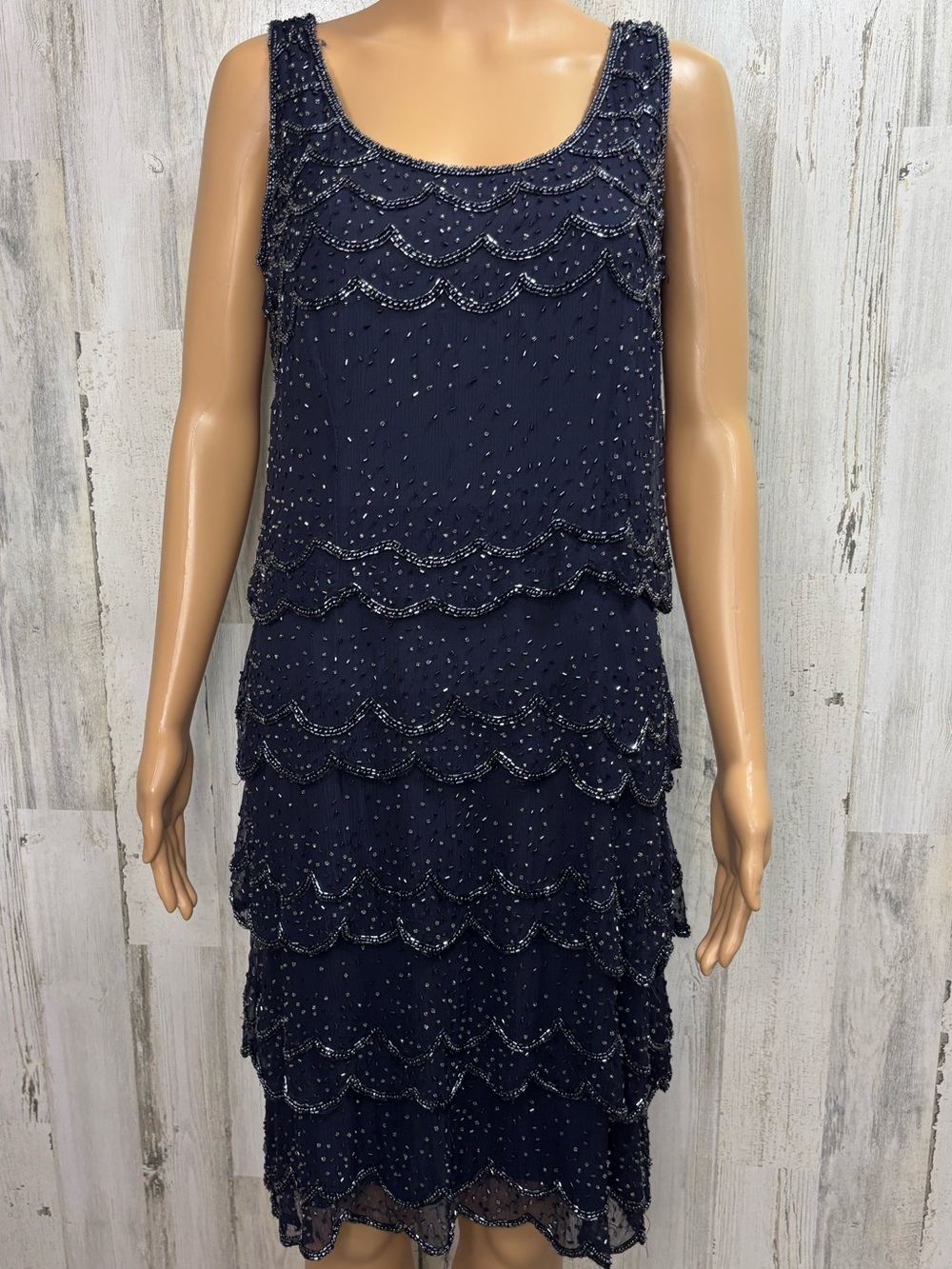 Patra Navy Blue Beaded Tiered Silk Sleeveless Dress